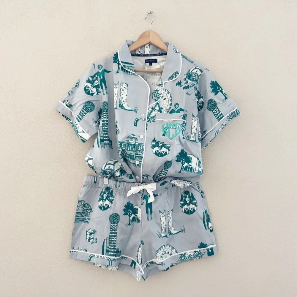 Katie Kime Dallas Toile Pajama Short Set Large Cotton Sleepwear Lounge Classic - Picture 4 of 14